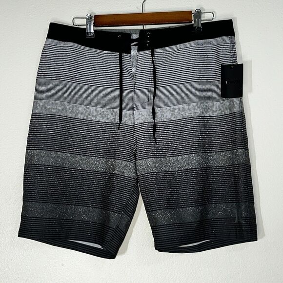 Hurley Mens Short 32 Board Shorts Zion 2.0 Black Gray Stripe Swimsuit NWT - Picture 1 of 10